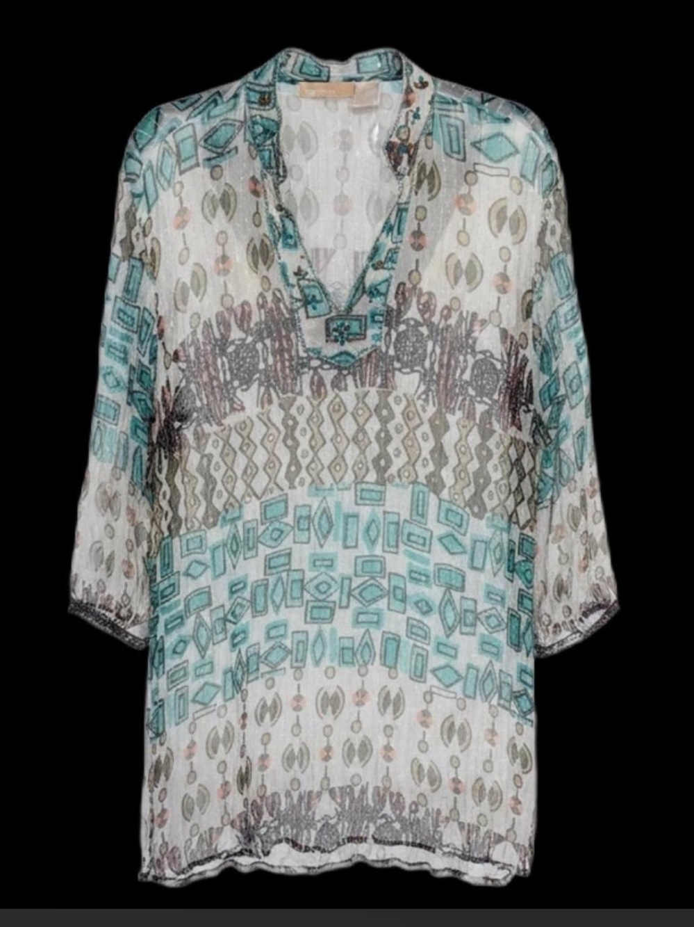 La Cera Boho Metallic Embellished Sheer Tunic Blouse Cover-Up 1X